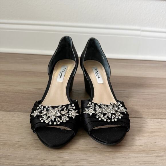 Nina Emiko Embellished Open-Toe Wedge Pumps in Black sz 7 - Picture 6 of 10